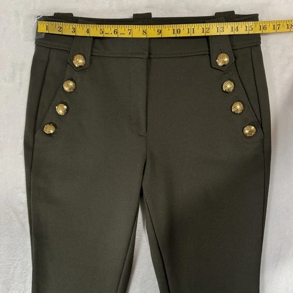 WHBM Jolie Straight Luxe Stretch Pants Size 8 Olive Green Gold Button Sailor - Picture 10 of 16